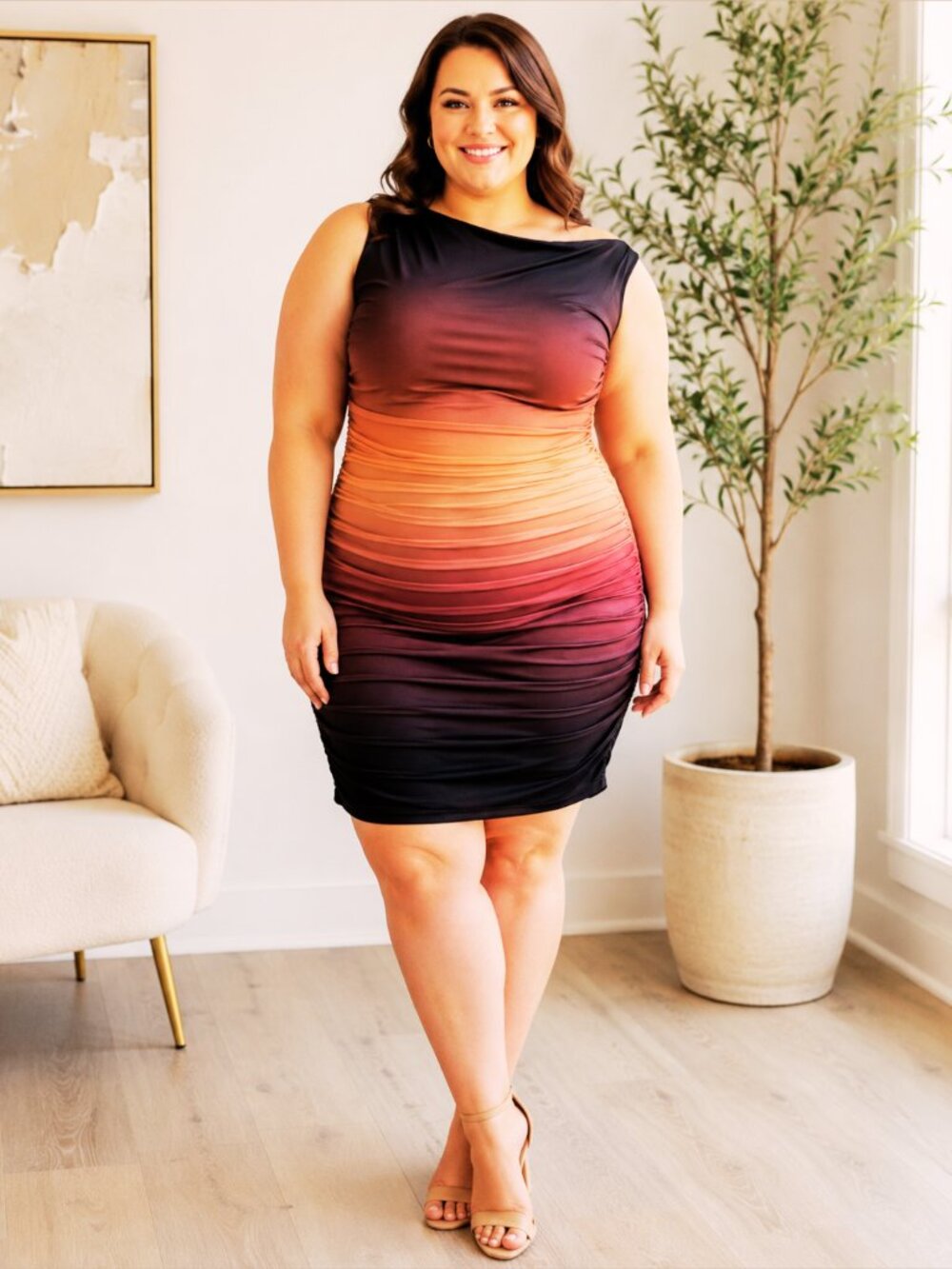 SHEIN Curve 3XL Ombre Ruched Bodycon Dress Black Orange Red Plus Size